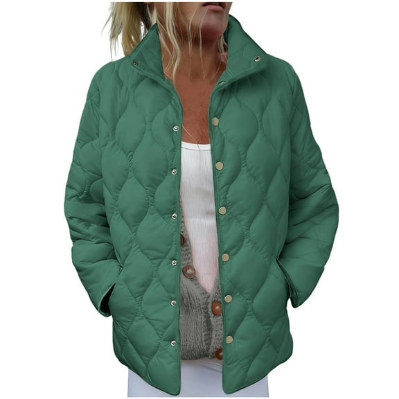 Quilted Jacket Women, Lightweight Warm Coat with Pockets Stand Collar Button Up Puffer Coat Ladies Winter Clothes (L, Green)