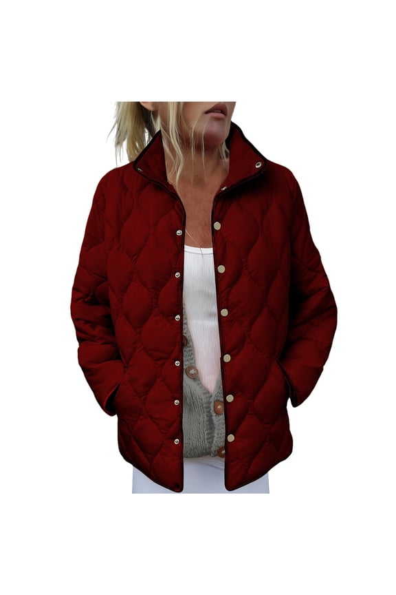 Quilted Jacket Women, Lightweight Warm Coat with Pockets Stand Collar Button Up Puffer Coat Ladies Winter Clothes (XL, Red)