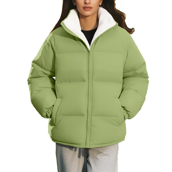 Quilted Jacket, Yigetop Cotton Padded Clothing with Thick Fleece Windproof and Warm Solid Color Trendy Bread Jacket for Women Puffer Jacket Light Green M