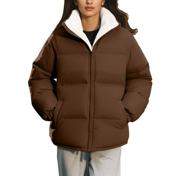 Quilted Jacket, Yigetop Cotton Padded Clothing with Thick Fleece Windproof and Warm Solid Color Trendy Bread Jacket for Women Puffer Jacket Brown 4XL
