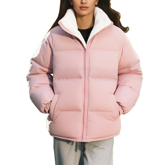 Quilted Jacket, Yigetop Cotton Padded Clothing with Thick Fleece Windproof and Warm Solid Color Trendy Bread Jacket for Women Puffer Jacket Pink L