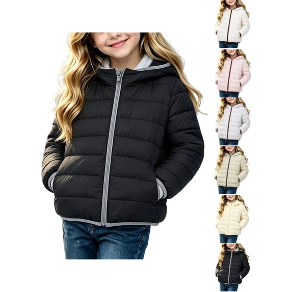 Quilted Jacket Zaewscy Girls Hooded Lightweight Puffer Jacket Full Zip Quilted Warm Casual Outerwear Coat Black 7-8Years