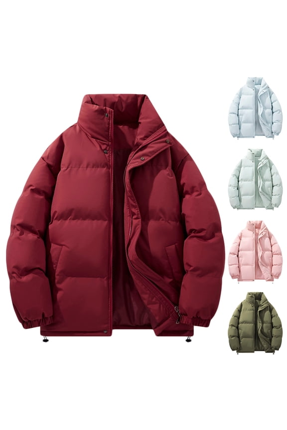 Quilted Jacket for Mens Plus Size Casual Solid Color Long Sleeve Zipper Stand Collar Outdoor Sports Coat Jacket for Men Winter Warm Outerwear