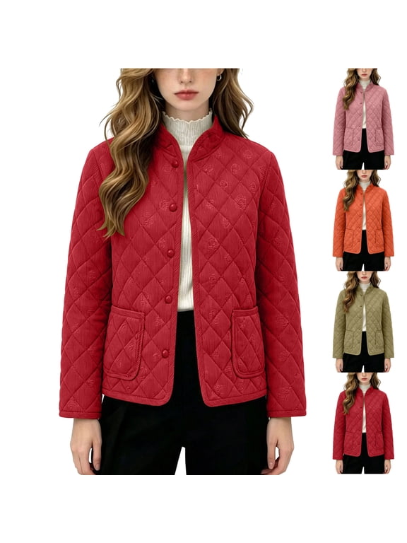 Quilted Jacket for Women Button Down Crewneck Lightweight Casual Coat Stylish Cozy Fall Outdoor Travel Hiking Quilted Jacket with Pockets
