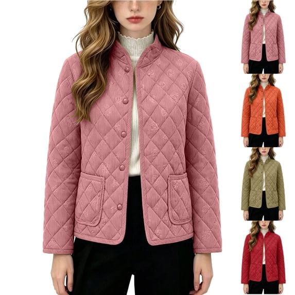 Quilted Jacket for Women Button Down Crewneck Lightweight Casual Coat Stylish Cozy Fall Outdoor Travel Hiking Quilted Jacket with Pockets