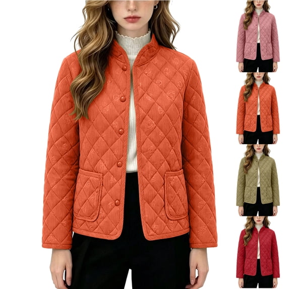 Quilted Jacket for Women Button Down Crewneck Lightweight Casual Coat Stylish Cozy Fall Outdoor Travel Hiking Quilted Jacket with Pockets