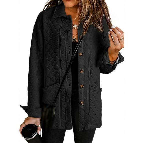 Quilted Jacket for Women Casual Long Sleeve Button Down Jacket Fall Fashion Warm Winter Coat Outwear with Pockets