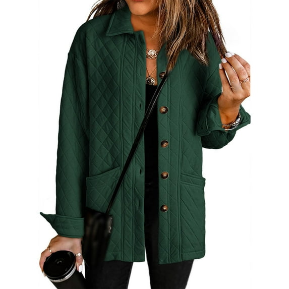 Quilted Jacket for Women Casual Long Sleeve Button Down Jacket Fall Fashion Warm Winter Coat Outwear with Pockets