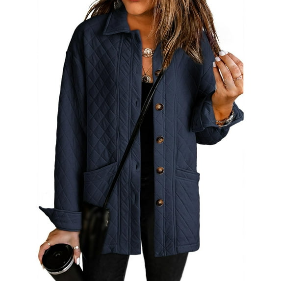 Quilted Jacket for Women Casual Long Sleeve Button Down Jacket Fall Fashion Warm Winter Coat Outwear with Pockets