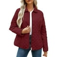 thumbnail image 1 of Quilted Jacket for Women Full Zip Lapel Neck Pocketed Zipper Bomber Coat Solid Color Casual Warm Winter Outerwear (S, Red), 1 of 6