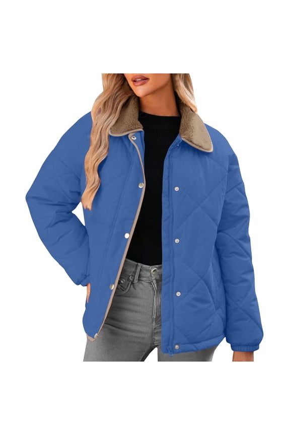 Quilted Jacket for Women Short Puffer Jacket Warm Padded Outerwear Coats with Fleece Collar Blue 2XL