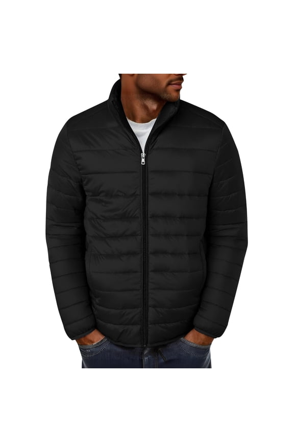 Quilted Jackets for Men, Lightweight Winter Coat Packable Waterproof Puffer Jacket Zipper Warm Outerwear with Pocket New Men Plus Size Light Raincoat Black XXL