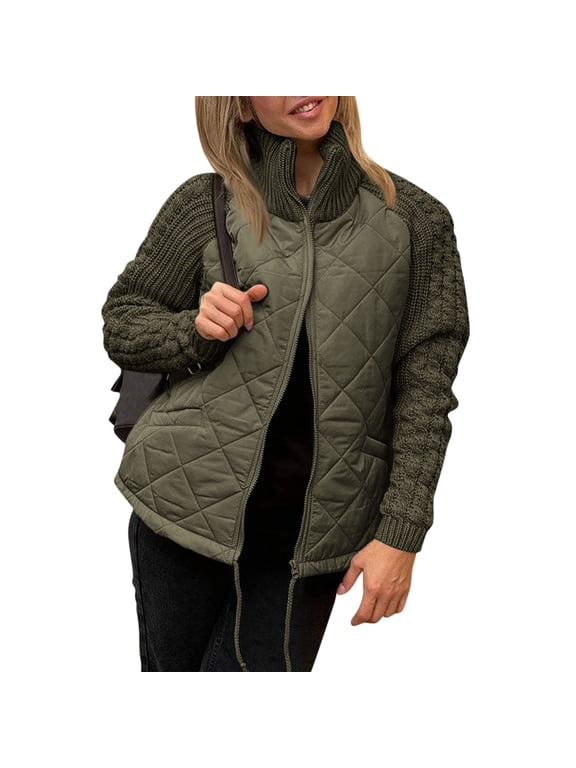 Quilted Jackets For Women Casual Knit Quilted Jacket Patchwork Solid Color Stand Collar Jacket Zip Up Mixed Media Coat With Cable Knit Sleeves L Army Green
