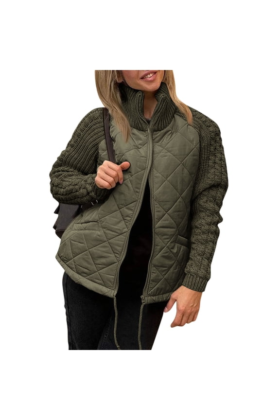Quilted Jackets For Women Casual Knit Quilted Jacket Patchwork Solid Color Stand Collar Jacket Zip Up Mixed Media Coat With Cable Knit Sleeves L Army Green
