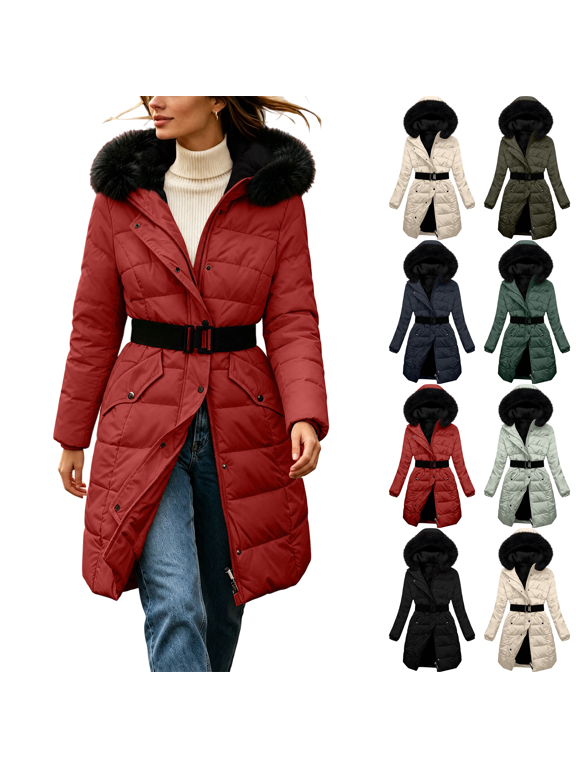 Quilted Jackets for Women Thicken Fleece Lined Windproof Warm Parka Padded Coat with Faux Fur Hood Winter Windproof Warm Long Outwear Coats,Sizes S-3XL