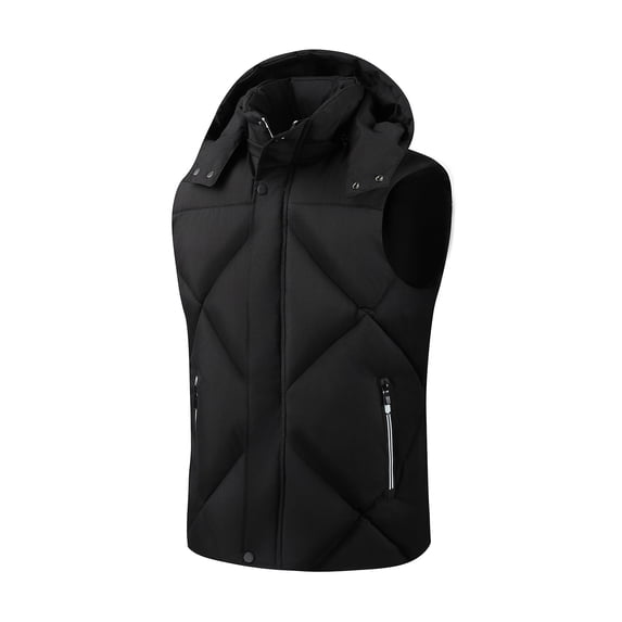 Quilted Jackets for Men Full Zip with Detachable Hood Sleeveless Vest Outerwear Winter Hooded Down Puffer Coat (XL, Black)