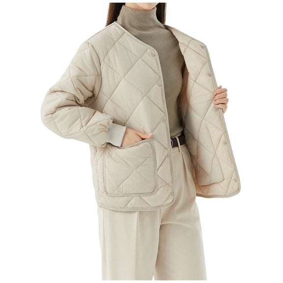 Quilted Jackets for Women Button Down Winter Jackets Lightweight Warm Puffer Coat Outerwear with Pockets Beige, XXXL