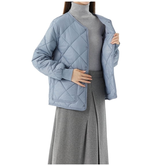 Quilted Jackets for Women Button Down Winter Jackets Lightweight Warm Puffer Coat Outerwear with Pockets Blue, XXXXL
