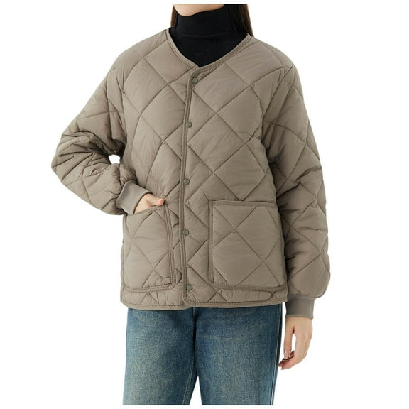 Quilted Jackets for Women Button Down Winter Jackets Lightweight Warm Puffer Coat Outerwear with Pockets Khaki, L
