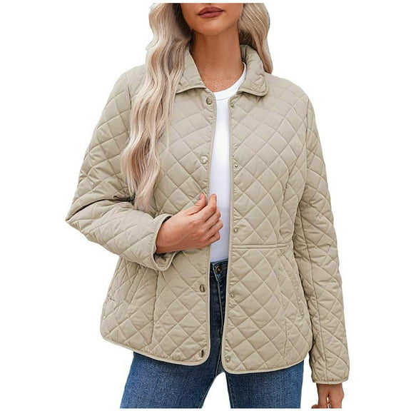 Quilted Jackets for Women Casual Lapel Button down Diamond Puffer Jacket Winter Lightweight Outerwear with Pockets