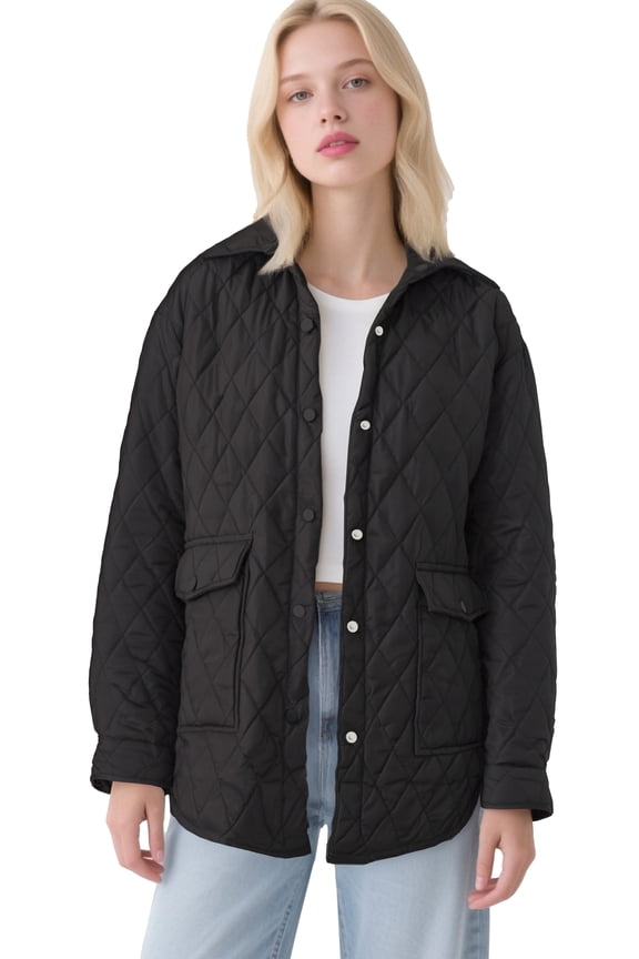 Quilted Jackets for Women Casual Lightweight Jacket Padded Fashion Winter Outerwear with Pockets Black L