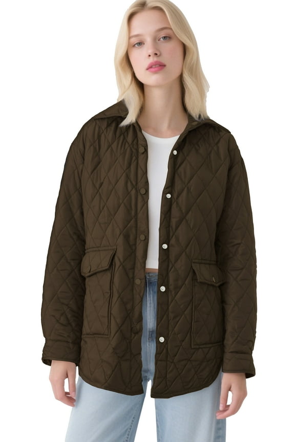Quilted Jackets for Women Casual Lightweight Jacket Padded Fashion Winter Outerwear with Pockets Brown M