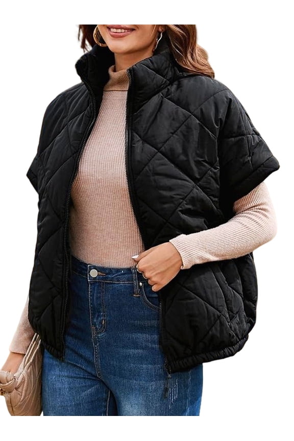 Quilted Jackets for Women Casual Short Sleeve Zip Up Warm Vests Black XL