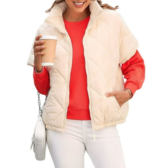 Quilted Jackets for Women Casual Short Sleeve Zip Up Warm Vests Color L