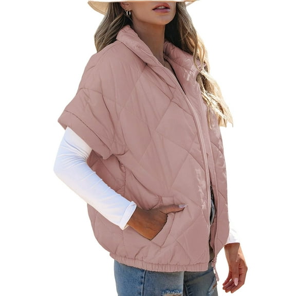 Quilted Jackets for Women Casual Short Sleeve Zip Up Warm Vests Pink XL