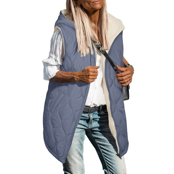 Quilted Jackets for Women Hooded Sleeveless Zip Up Vest Fleece Lined Warm Winter Long Coat Casual Outdoor Jacket with Pockets