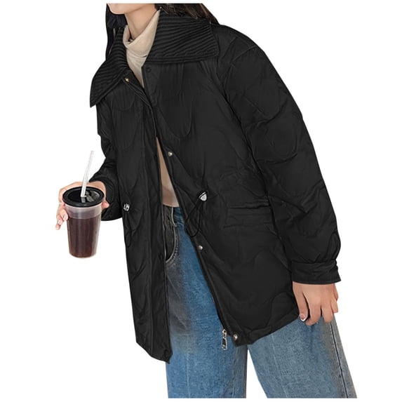 Quilted Jackets for Women Lapel Long Sleeve Lightweight Warm Winter Coats Casual Lightweight Outerwear with Pockets (L, Black)
