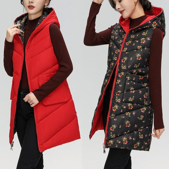 Quilted Jackets for Women Lightweight Hooded Sleeveless Long Puffer Vest Zip Up Double-Sided Winter Warm Casual Coats with Pockets