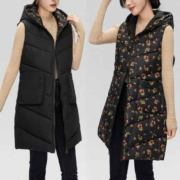 Quilted Jackets for Women Lightweight Hooded Sleeveless Long Puffer Vest Zip Up Double-Sided Winter Warm Casual Coats with Pockets