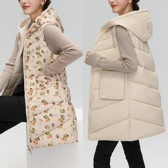 Quilted Jackets for Women Lightweight Hooded Sleeveless Long Puffer Vest Zip Up Double-Sided Winter Warm Casual Coats with Pockets