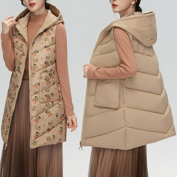 Quilted Jackets for Women Lightweight Hooded Sleeveless Long Puffer Vest Zip Up Double-Sided Winter Warm Casual Coats with Pockets