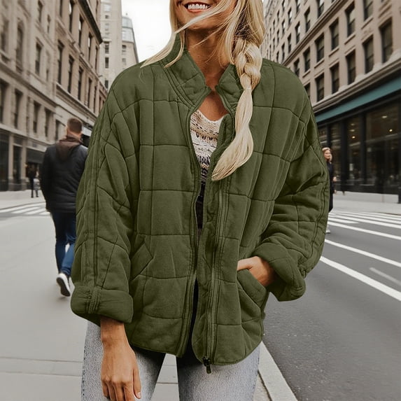 Quilted Jackets for Women Lightweight Long Sleeve Puffer Jacket Warm Winter Coat Outerwear with Pockets Army Green XXL
