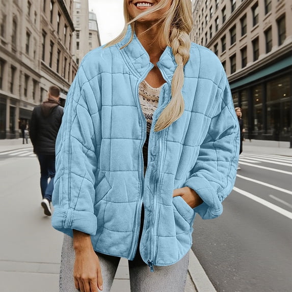 Quilted Jackets for Women Lightweight Long Sleeve Puffer Jacket Warm Winter Coat Outerwear with Pockets Sky Blue XL