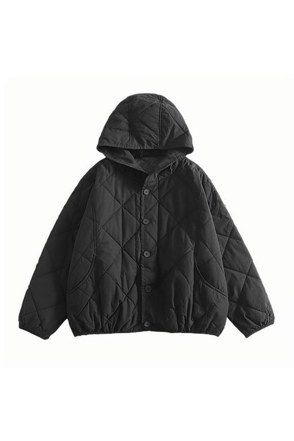 Quilted Jackets for Women Trendy Button Down Loose Fit Hooded Outfits Lightweight Packable Transitional Puffer Coats (L, Black)
