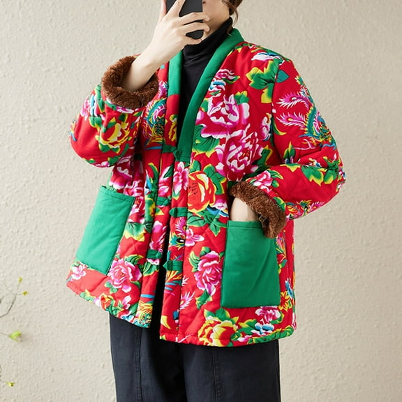 Quilted Jackets for Women, Women's Winter Fashion Ethnic Style Flower Printed Cotton-Padded Jacket Long-Sleeved Cotton Coat Christmas Gift