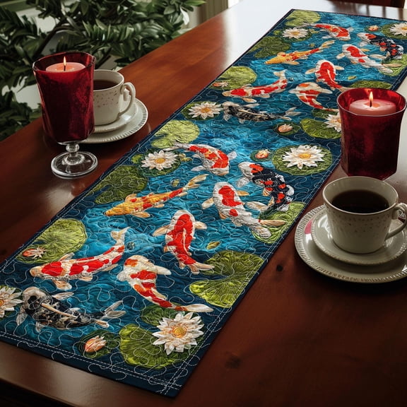 Quilted Japanese Koi Fish Pond Table Runner – Lotus & Koi Fish Pattern – Decorative Dining Table Decor