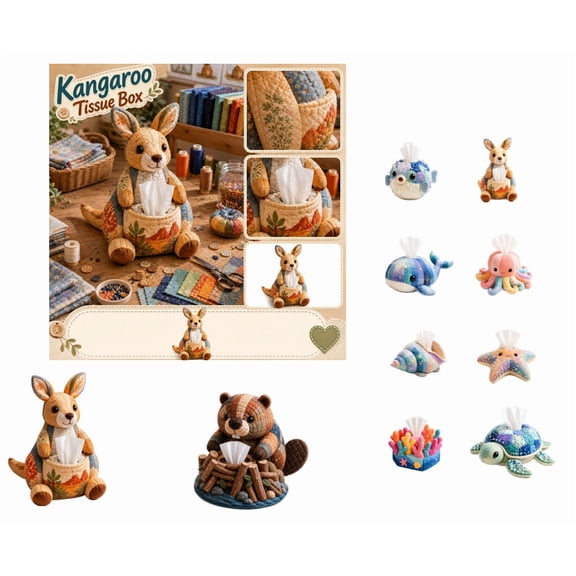 Quilted Kangaroo Tissue Box DIY Kit, Funny Complete Ocean Animal Patchwork Designs Sewing Kit for Home Bedroom Office Desk Decor, Handmade Fabric Craft Activity for Adults Beginners