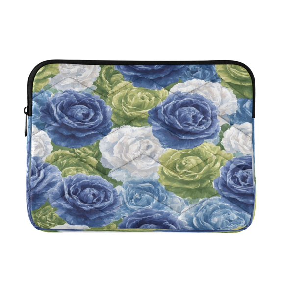 Quilted Laptop Sleeve for 13-16 Inch Laptops Protective Laptop Case Cover Lightweight Travel & Office Essentials Blue and Green Roses Pattern
