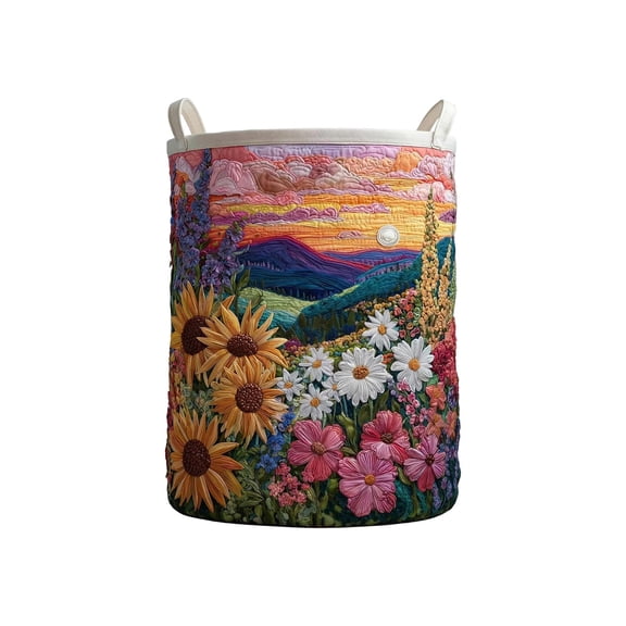 Quilted Laundry Basket Boho Fabric Floral Storage Hamper for Nursery Bedroom Laundry Room Clothes Toys(14" x 18")