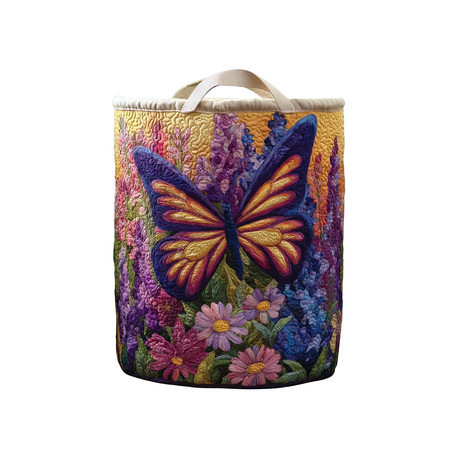 Quilted Laundry Basket Boho Fabric Floral Storage Hamper for Nursery Bedroom Laundry Room Clothes Toys(14" x 18")