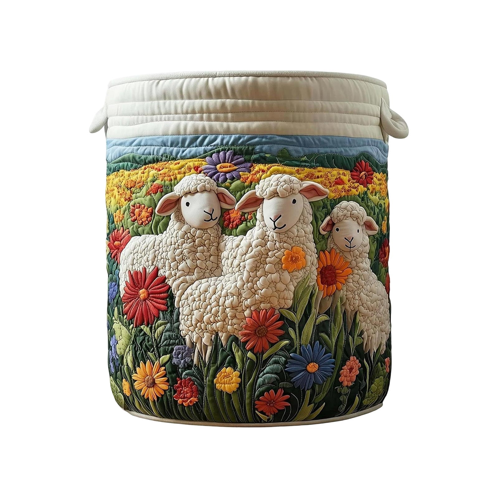 Quilted Laundry Basket Boho Fabric Floral Storage Hamper for Nursery Bedroom Laundry Room Clothes Toys(14" x 18")