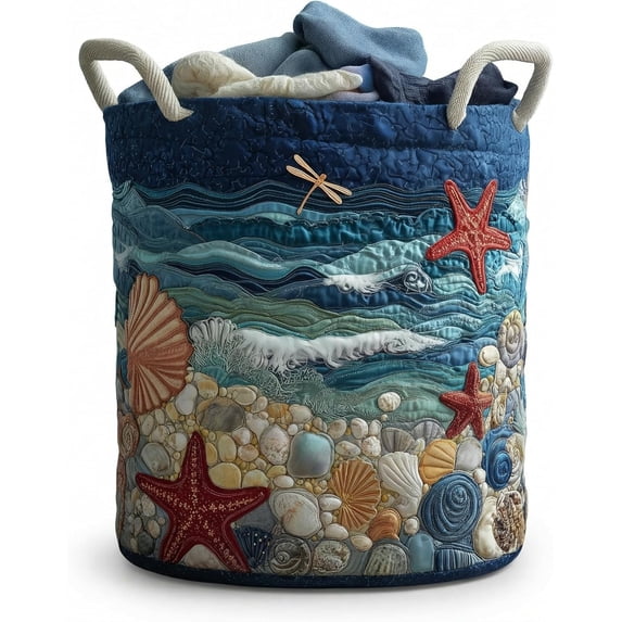 Quilted Laundry Basket Boho Fabric Floral Storage Hamper for Nursery Bedroom Laundry Room Clothes Toys (Beach joy)