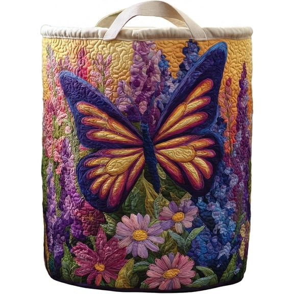 Quilted Laundry Basket Boho Fabric Floral Storage Hamper for Nursery Bedroom Laundry Room Clothes Toys (Butterfly)