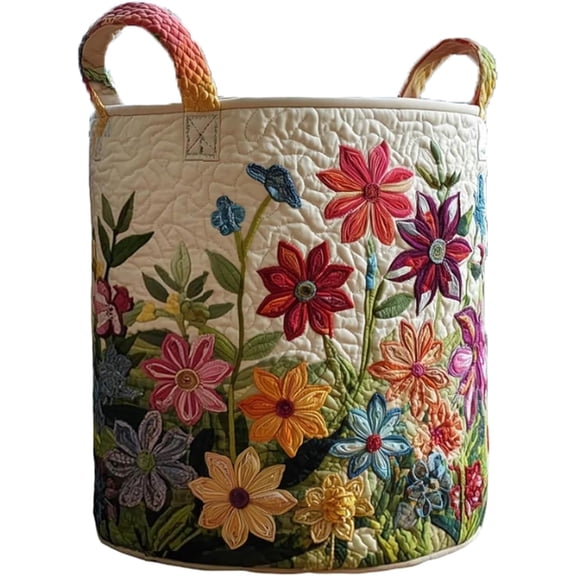 Quilted Laundry Basket Boho Fabric Floral Storage Hamper for Nursery Bedroom Laundry Room Clothes Toys (Flower field)