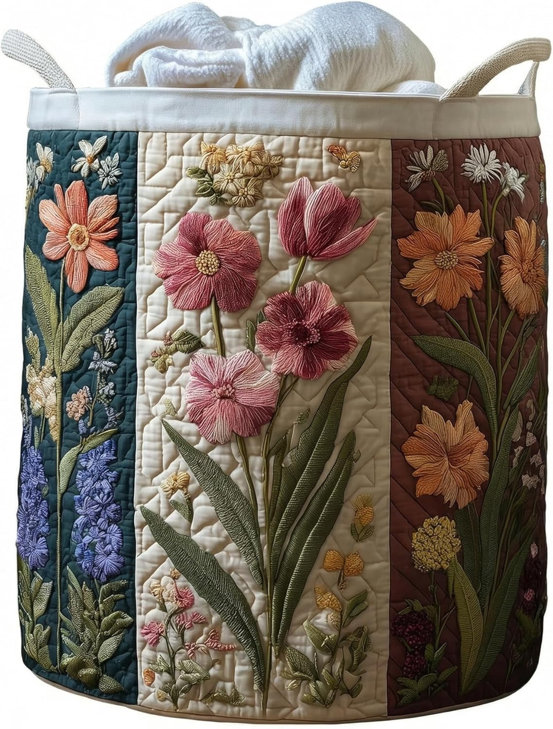 Quilted Laundry Basket Boho Fabric Floral Storage Hamper for Nursery Bedroom Laundry Room Clothes Toys (Patchwork flowers)
