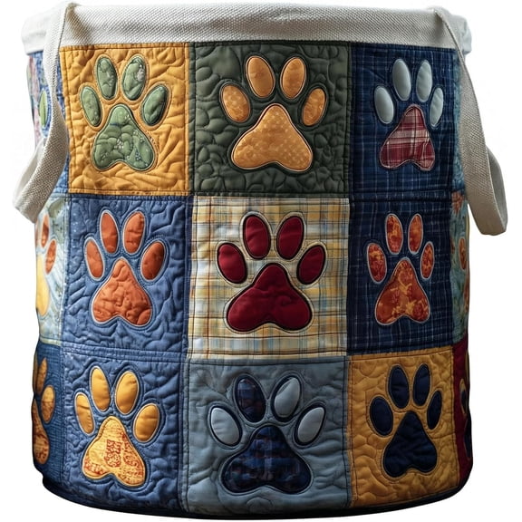 Quilted Laundry Basket Boho Fabric Floral Storage Hamper for Nursery Bedroom Laundry Room Clothes Toys (Paws patchwork)